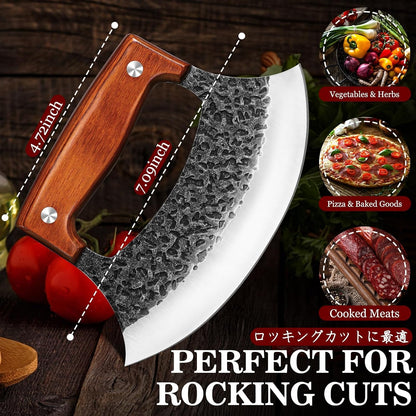 TIVOLI Ulu Knife with Wooden Stand – Mezzaluna Rocker Knife - Pizza Cutter