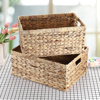 Hipiwe Water Hyacinth Storage Basket Bin Handwoven Decorative Basket Large Wicker Baskets Box with Handles Open Storage Bin Rectangular Baskets Containers for Shelf Pantry Organizing