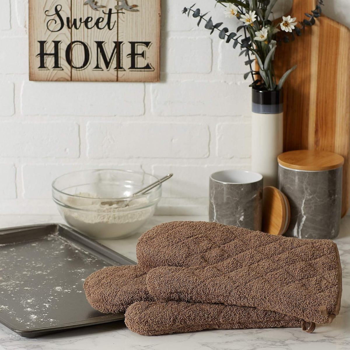 DII Basic Terry Collection 100% Cotton Quilted, Oven Mitt, Brown, 2 Piece