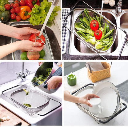 AJIODA Over The Sink Colander, 4 Quarts Stainless Steel Oval Colander with Expandable Rubber Grip Handle, Fine Mesh Strainer Baskets Kitchen Colanders for Strain, Drain, Rinse Vegetable, Fruits, Black