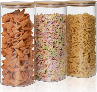 Glass Food Storage Jars 37 oz Set of 6,Glass Storage Containers Clear Glass Food Canister with Bamboo Lid Airtight For Serving Tea, Coffee, Flour, Sugar, Candy, Cookie, Spice and More (Square)