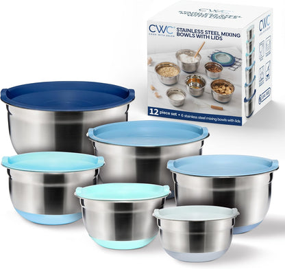 COOK WITH COLOR Stainless Steel Mixing Bowls Set with Lids - Nesting Bowls with Non-Slip Bottom, Sage, 12 Pieces