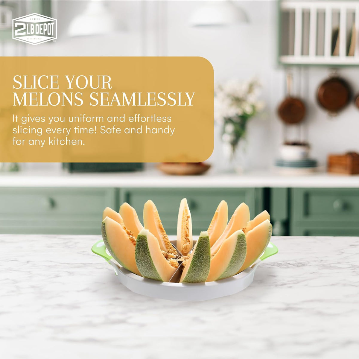 2LB Depot Watermelon Slicer - Versatile Melon Slicer and Fruit Divider with 12-Blade Uniform - Stainless Steel Blades - Easy-to-Use Handheld Cutting Tool - White & Green - 14.56Wx12.59Hx2.75L