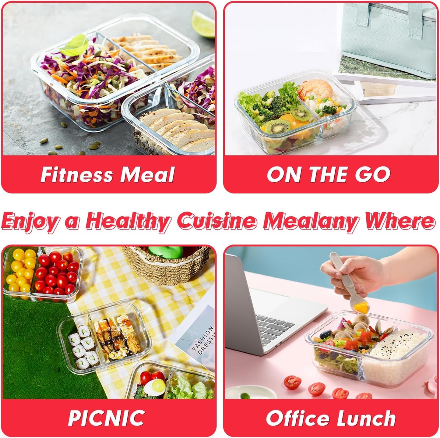 VERONES 10 Pack Glass Meal Prep Containers 2 Compartment Set, 30 OZ Airtight Glass Lunch Containers, Glass Food Storage Containers with Lids, for Microwave, Oven, Freezer & Dishwasher Friendly，Grey