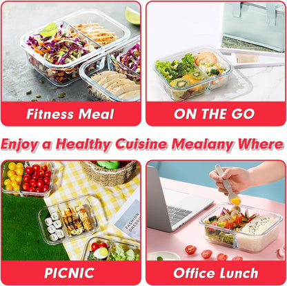 VERONES 10 Pack Glass Meal Prep Containers 2 Compartment Set, 30 OZ Airtight Glass Lunch Containers, Glass Food Storage Containers with Lids, for Microwave, Oven, Freezer & Dishwasher Friendly，Grey