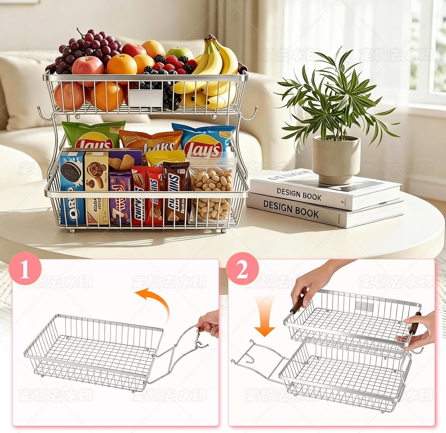 2-Tier Stackable Wire Basket with 2 Banana Hooks, Pantry Organizer for Kitchen Countertops, Cabinets & Under-Sink Spaces; Ideal for Storing Snacks, Fruits, Veggies, Onions, Potatoes, & More,Black