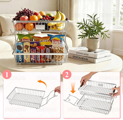2-Tier Stackable Wire Basket with 2 Banana Hooks, Pantry Organizer for Kitchen Countertops, Cabinets & Under-Sink Spaces; Ideal for Storing Snacks, Fruits, Veggies, Onions, Potatoes, & More,Black