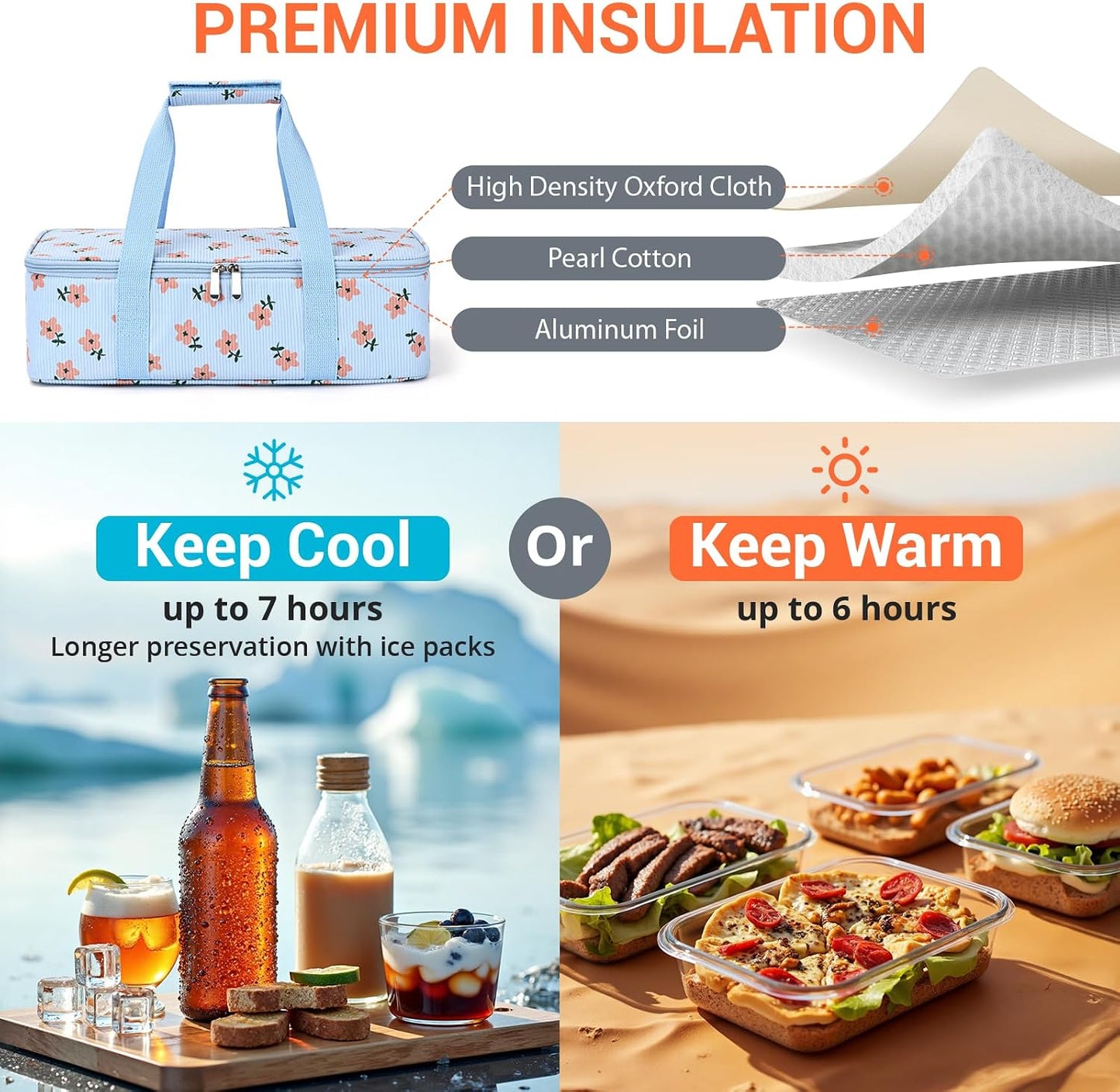 Insulated Casserole Carrier for Hot or Cold Food,Pie Carrier Bag Lunch Tote for Potluck Parties/Picnic/Cookouts, Fits 9"x13" Baking Dish,Grey