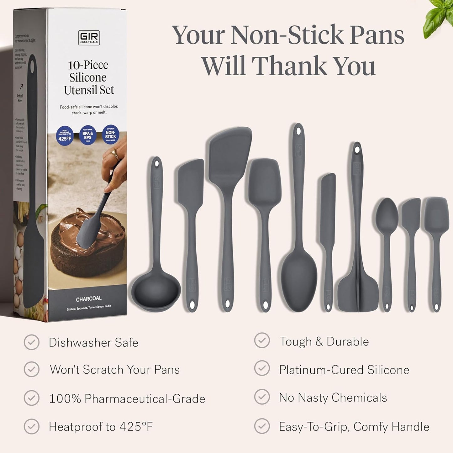 GIR 5-Piece Silicone Kitchen Utensils Set, Non-Toxic Cooking Utensils for Cooking and Baking, Heat Resistant, Food Grade, Dishwasher Safe Rubber Spatula, Ladle, Spoon - Charcoal