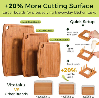 3 Piece Bamboo Cutting Board Set for Kitchen with Storage Stand, 15.4" Deep Carbonized Wood Cutting Board for Charcuterie, Serving Tray with Juice Grooves & Handles, Great Kitchen Gift