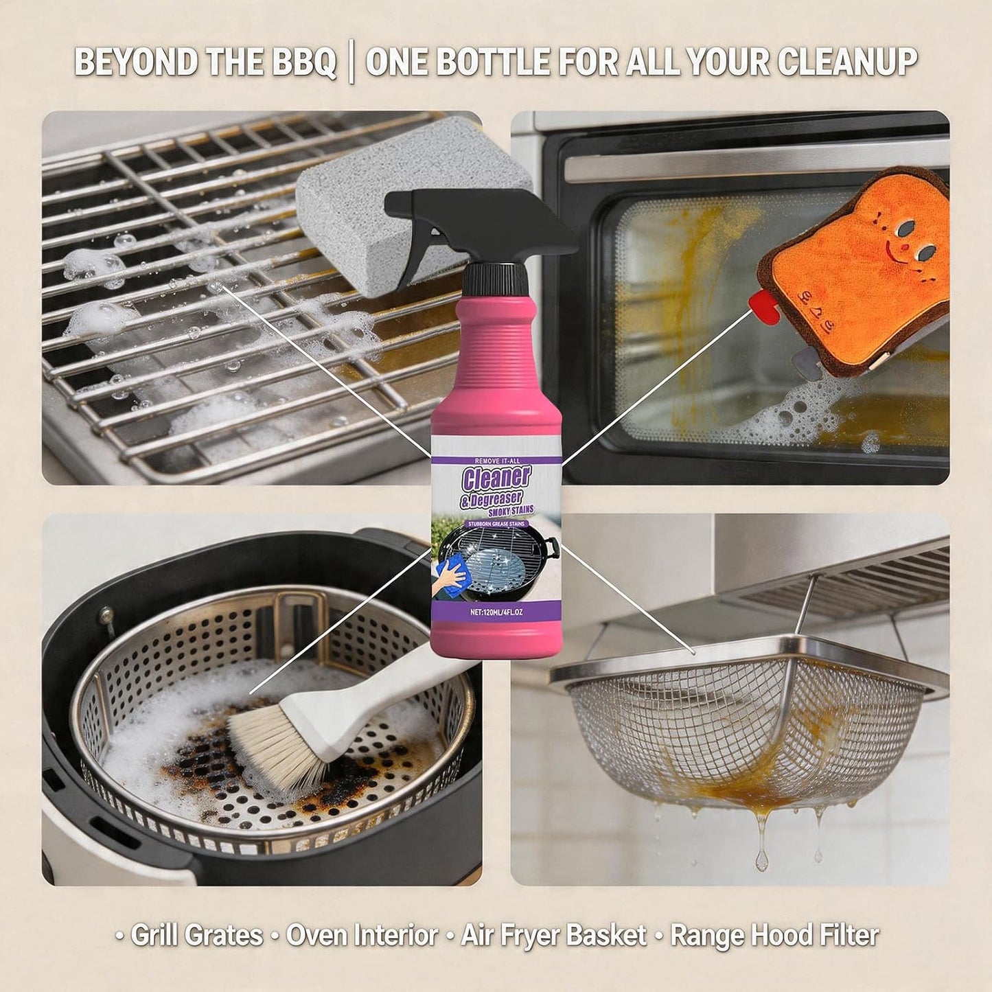 Fast-Acting Heavy-Duty Grill Degreaser Spray, BBQ Cleaner for Gas, Charcoal & Smoker Grates, Leak-Proof 4 Fl Oz Travel Size (3pc)