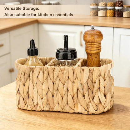 Water Hyacinth Utensil Caddy with Handle, 4 Compartments Woven Cutlery Organizer, Portable Flatware Holder for Outdoor Picnic, BBQ, Camping, Kitchen Counter & Party Table