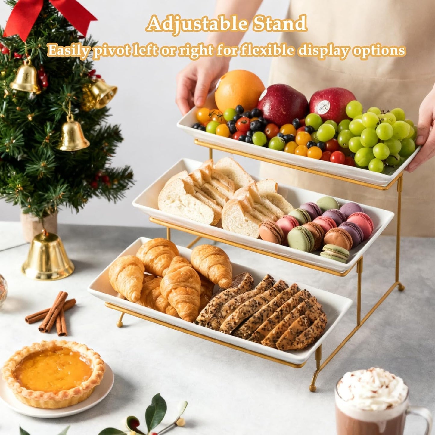 LYEOBOH 3 Tier Serving Bowls Set Tiered Serving Stand, Porcelain Oval Bowls with Collapsible Metal Stand for Entertaining, Party, Dessert Display, Candy, Chip and Dip (Gold)-45oz / 17.5oz / 7oz