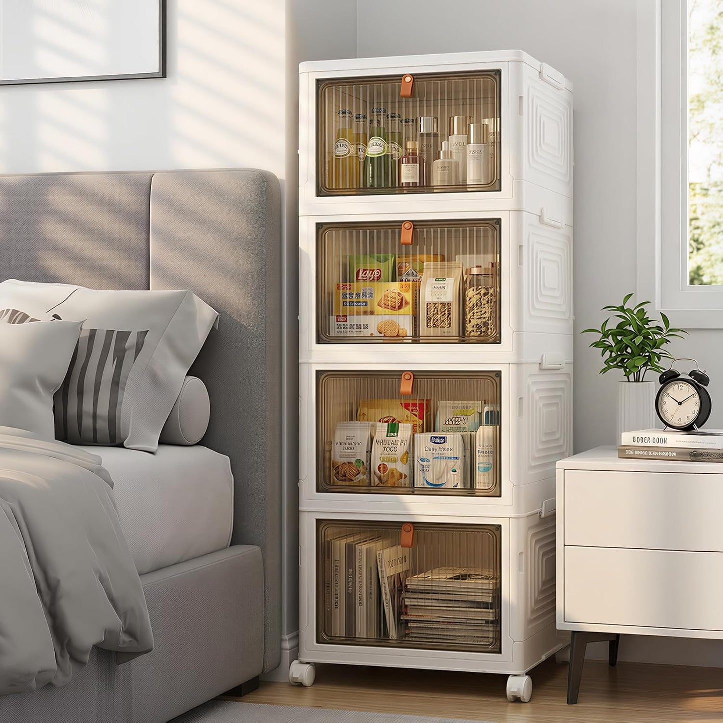 LDQ 136Qt Large Storage Bins with Lids, 4 Tier Stackable Storage Cabinet with Wheels & Clear Doors, Foldable Plastic Closet Organizer for Bedroom, Bathroom & Kitchen