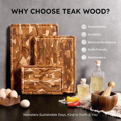 Teak Wood End Grain Cutting Board Set of 2 with Non-slip Feet, Reversible Cutting Boards for Kitchen with Juice Grooves and Handles Non Toxic Chopping Board Butcher Block Serving Tray Kitchen Gift