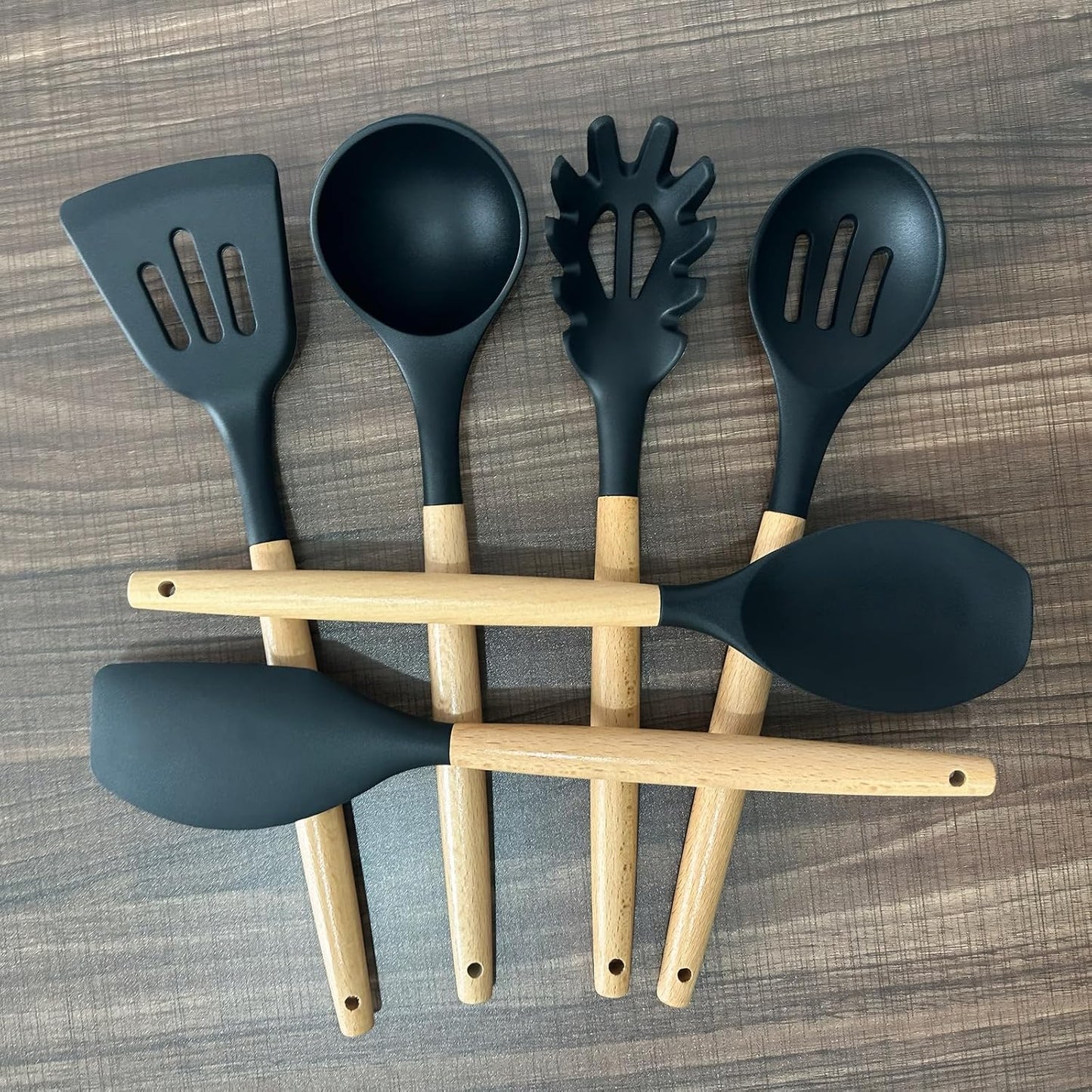 Kitchen Cooking Utensils Set, 6Pcs Silicone Kitchen Utensils Set Spatula Spoon Soup Ladle Turner, Heat Resistant Wooden Handle Silicone Cooking Gadgets for Nonstick Cookware & Baking BPA FREE