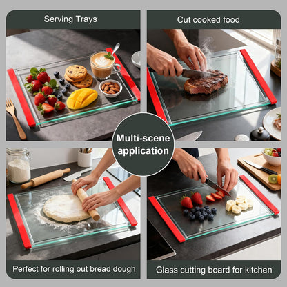 Tempered Glass Cutting Board Set for Kitchen Counter - Dishwasher Safe with Juice Grooves, Non-Slip Silicone Edges & Beveled Grip - 16"x12" & 12"x8" Serving Tray (Blue)