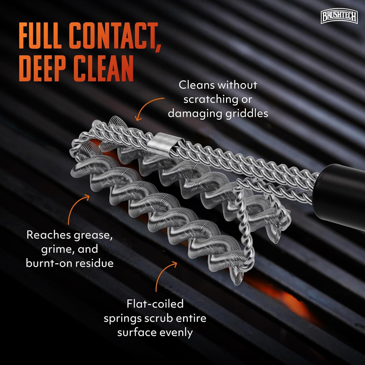 Brushtech Double Helix Grill Brush, 16″ Flat BBQ Grill Cleaner - Bristle‑Free Coil Springs Clean Tops & Sides - Stainless Steel, Long Reach Handle, Heavy‑Duty BBQ Tool for Gas & Charcoal Grates