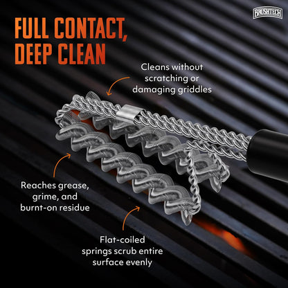 Brushtech Double Helix Grill Brush, 16″ Flat BBQ Grill Cleaner - Bristle‑Free Coil Springs Clean Tops & Sides - Stainless Steel, Long Reach Handle, Heavy‑Duty BBQ Tool for Gas & Charcoal Grates