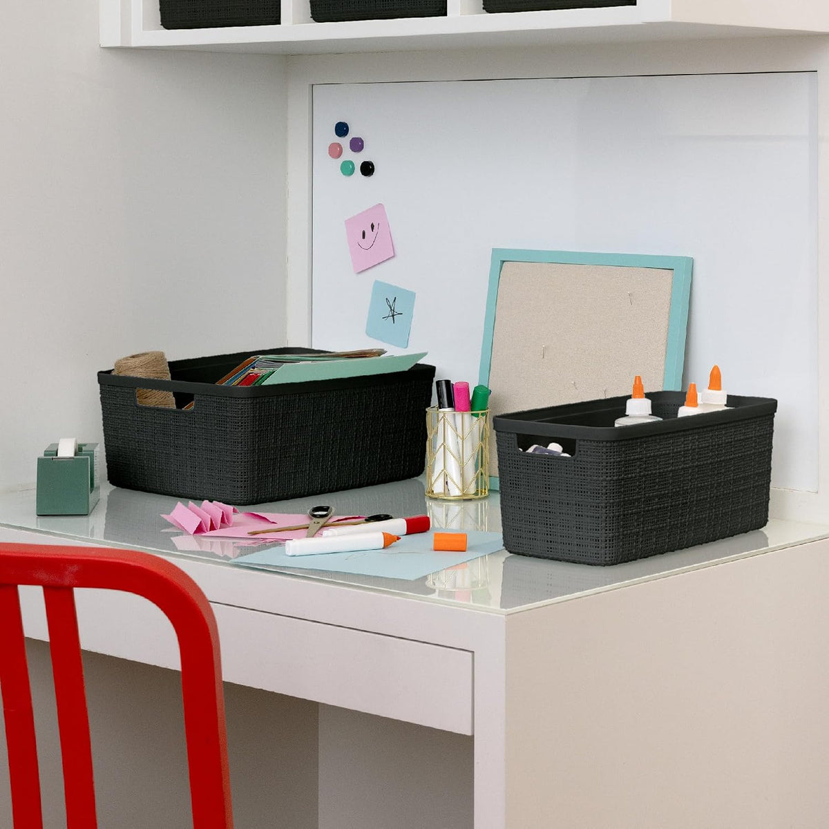 Curver Set of 4 Large 18L Easy Access Jute Decorative Plastic Organization and Storage Baskets - Perfect Bins for Home Office, Closet Shelves, Kitchen Pantry and All Bedroom Essentials, Black