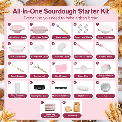 Sourdough Starter Kit with 2 Proofing Baskets & Starter Jar for Beginners