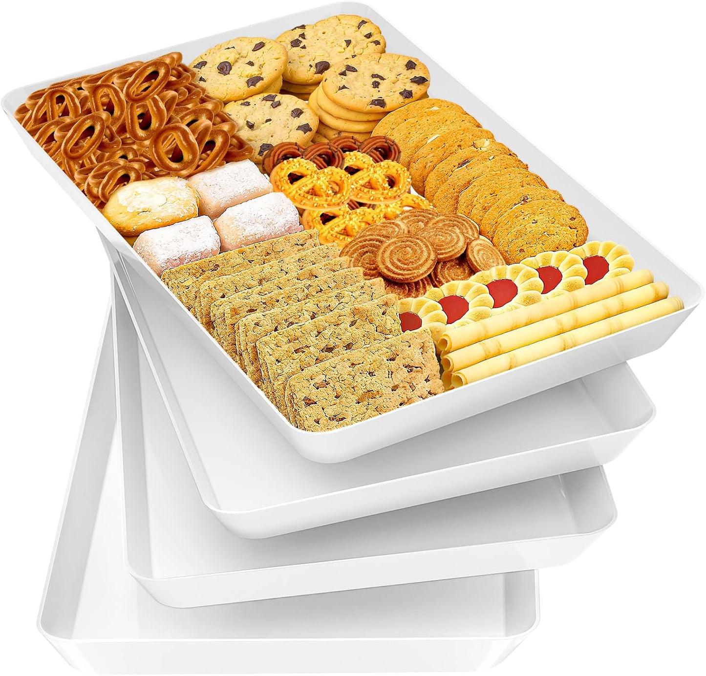 SpaceTrove 4-Pack Serving Tray Set, Reusable Plastic Serving Platter for Party Supplies, Entertaining, Grilling Accessories, Stackable Kitchen Snack Box Container for Dessert, Fruit, Cookie, (Black)