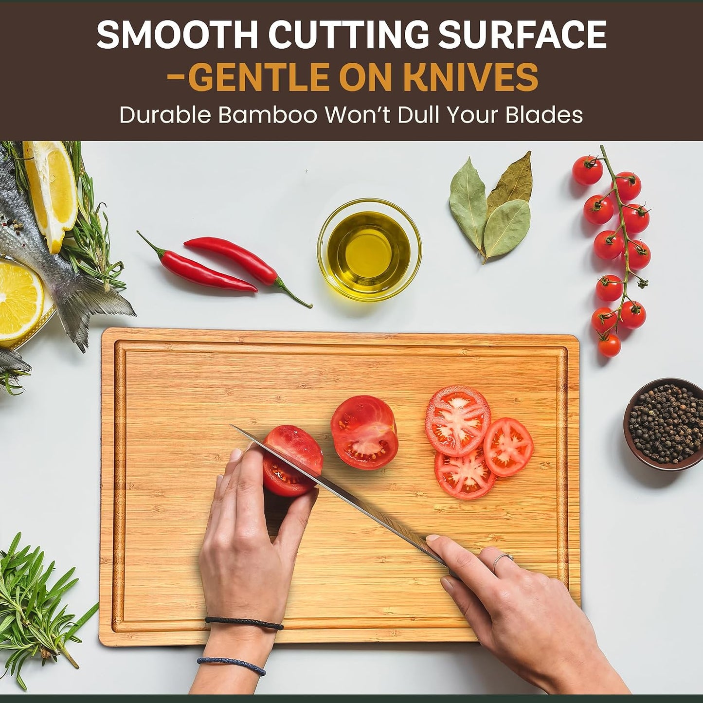 Bamboo Cutting Board Set for Kitchen - 3 Piece Reversible Wooden Cutting Boards, Wood Chopping Boards for Meat, Bread, Fruit, Cheese, Meal Prep, Wood Board and Charcuterie Serving Boards by Bambusi