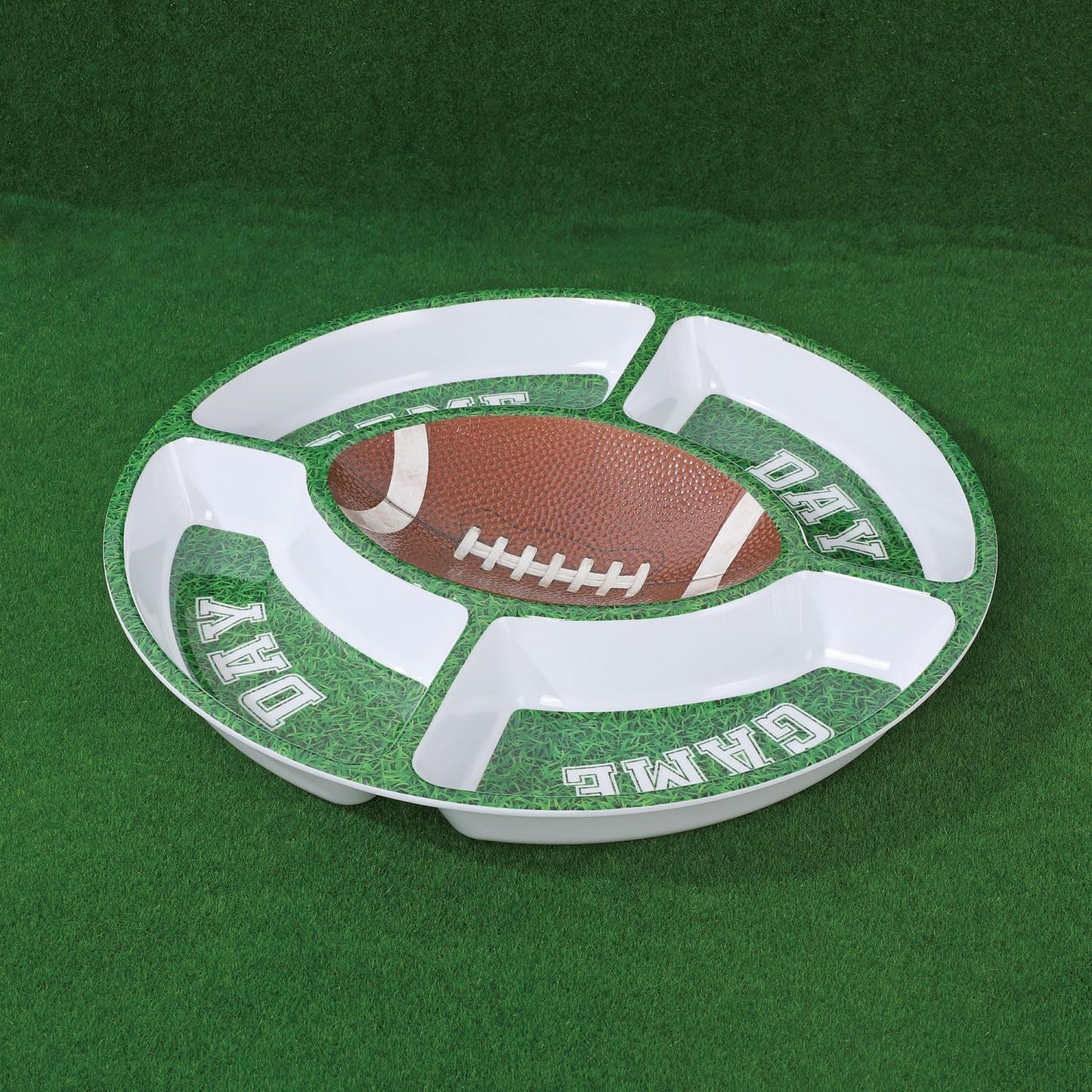 UP Football-Themed Melamine 5-Section Snack Platter, Round Divided Game Day Serving Tray with Green Field Design, for Chips and Dip, Sweets, and Appetizers, 15 Inch