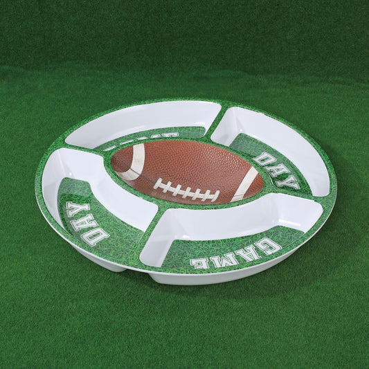 UP Football-Themed Melamine 5-Section Snack Platter, Round Divided Game Day Serving Tray with Green Field Design, for Chips and Dip, Sweets, and Appetizers, 15 Inch