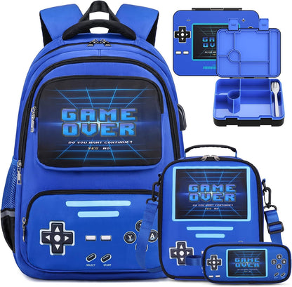 ACESAK Game luminous Boys Backpack - Bento Box with Insulated Lunch Bag Pencil Case, Utensils Set for Kids, 6 Leakproof Compartments Removable Tray Lunches or Snack Container (Blue)