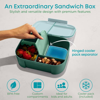 KARRICO Leakproof Lunch Box – 3-Compartment Bento Box, Cooler Pack & Adjustable Divider, Extra Large & BPA-Free – Dishwasher Safe, Ideal for On-the-Go Meals, Green