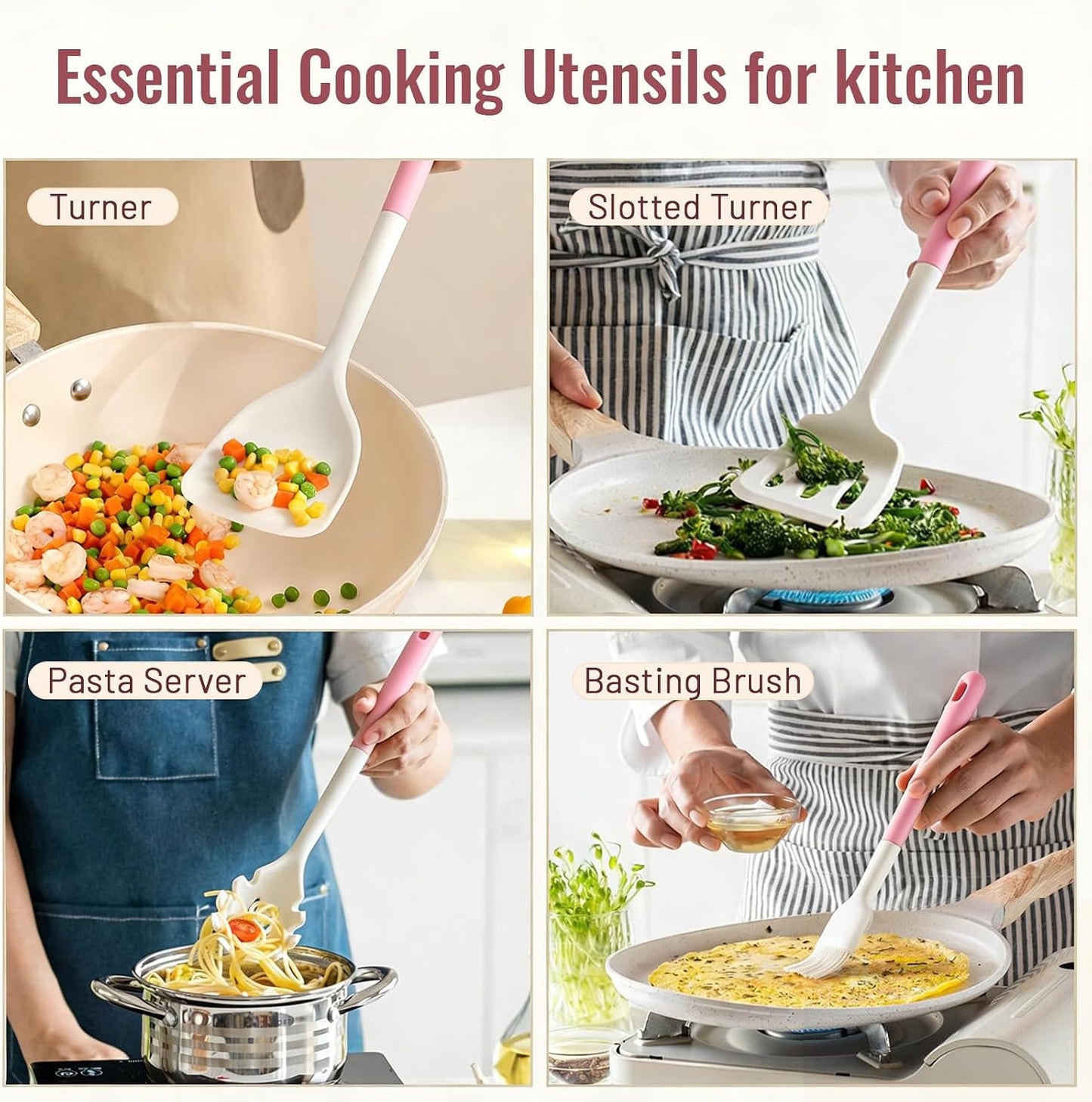 Silicone Kitchen Utensils Set, 10 Piece Silicone Cooking Utensils Set with Holder, Heat-Resistant Non Stick Cooking Tools Set with Spatula,Turner Ladle Skimmer Pasta Fork,BPA Free (Khaki)