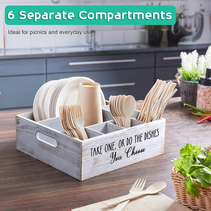 ALELION Acacia Wood Utensil Holder for Party - Paper Plate Organizer for Countertop - Silverware Caddy with 6 Compartments for Plate, Cup, Fork, Spoon - Cutlery Holder for Kitchen Camping Buffet