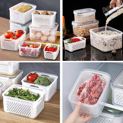 3Pack Fridge Food Storage Container Set with Lids with Strainer,Plastic Fresh Produce Saver Vegetable Fruit Meat Storage Organization, BPA-Free Plastic Produce Keepers(3.15L+1.7L+0.8L)