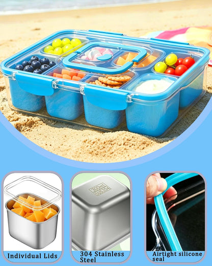 Snackle Box Container, Stainless Steel Divided Serving Tray with Lid and Handle, Large Snack Tray for Fruit Veggie Candy, 8-Compartment Snack Platter for Travel Party Beach Picnic