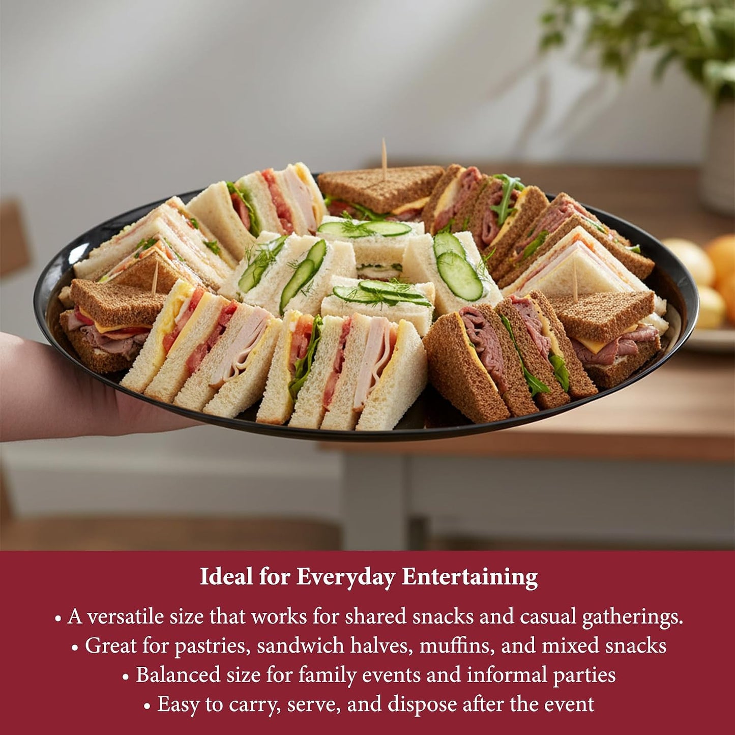 Smarty Had A Party 12 Inch Black Round Plastic Serving Tray – Heavy-Duty Party Platters & Catering Trays, Reusable or Disposable Plastic Trays for Serving Food, Elegant Party Tray Set of 25