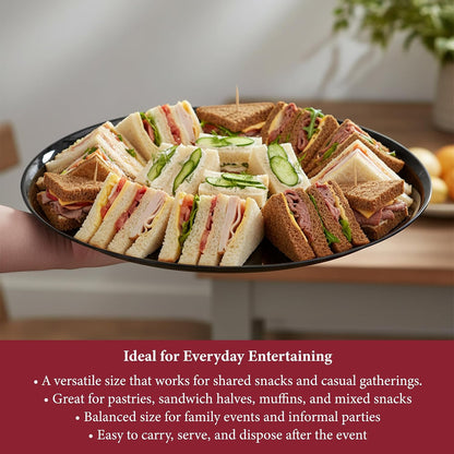 Smarty Had A Party 12 Inch Black Round Plastic Serving Tray – Heavy-Duty Party Platters & Catering Trays, Reusable or Disposable Plastic Trays for Serving Food, Elegant Party Tray Set of 25