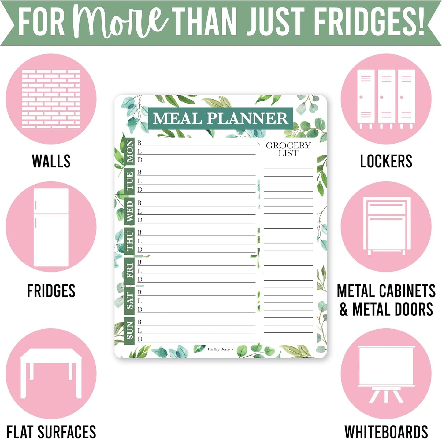 Hadley Designs Weekly Meal Planner for Fridge - Dinner Menu Board for Kitchen, Greenery Weekly Menu Board Dry Erase, Dry Erase Meal Planner for Fridge