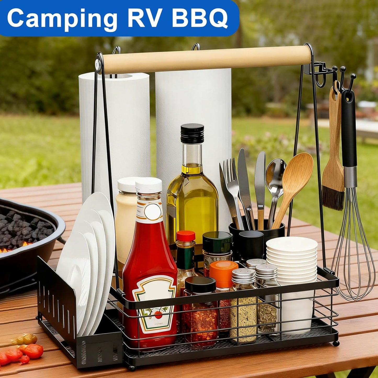 Grill Caddy with Plate Holder and 2Paper Towel Holder, Picnic BBQ Condiment Utensil Organizer Caddy for Outdoor Cooking, RV, Camping Essential, Camper Must Haves, Grilling Gifts for Men