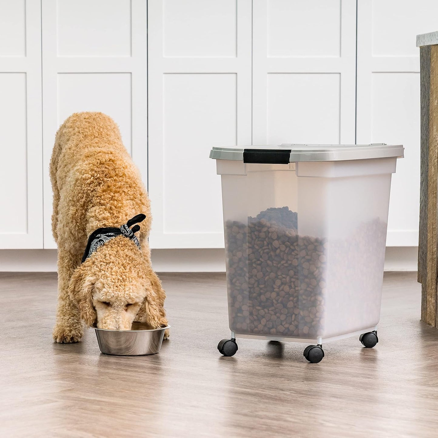 IRIS USA Airtight Dog Food Storage Container, WeatherPro, Up to 25 lbs, Removable Wheels, for Dog Cat Bird and Other Pet Food Storage Bin, Keep Fresh, Translucent Body, Made in USA, Clear/Black