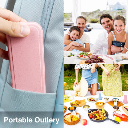 Reusable Travel Utensils Set with Case, 4 Sets Wheat Straw Portable Knife Fork Spoons Tableware, Eco-Friendly BPA Free Cutlery for Kids Adults Picnic Camping Utensils(Green, Beige, Pink, Blue)