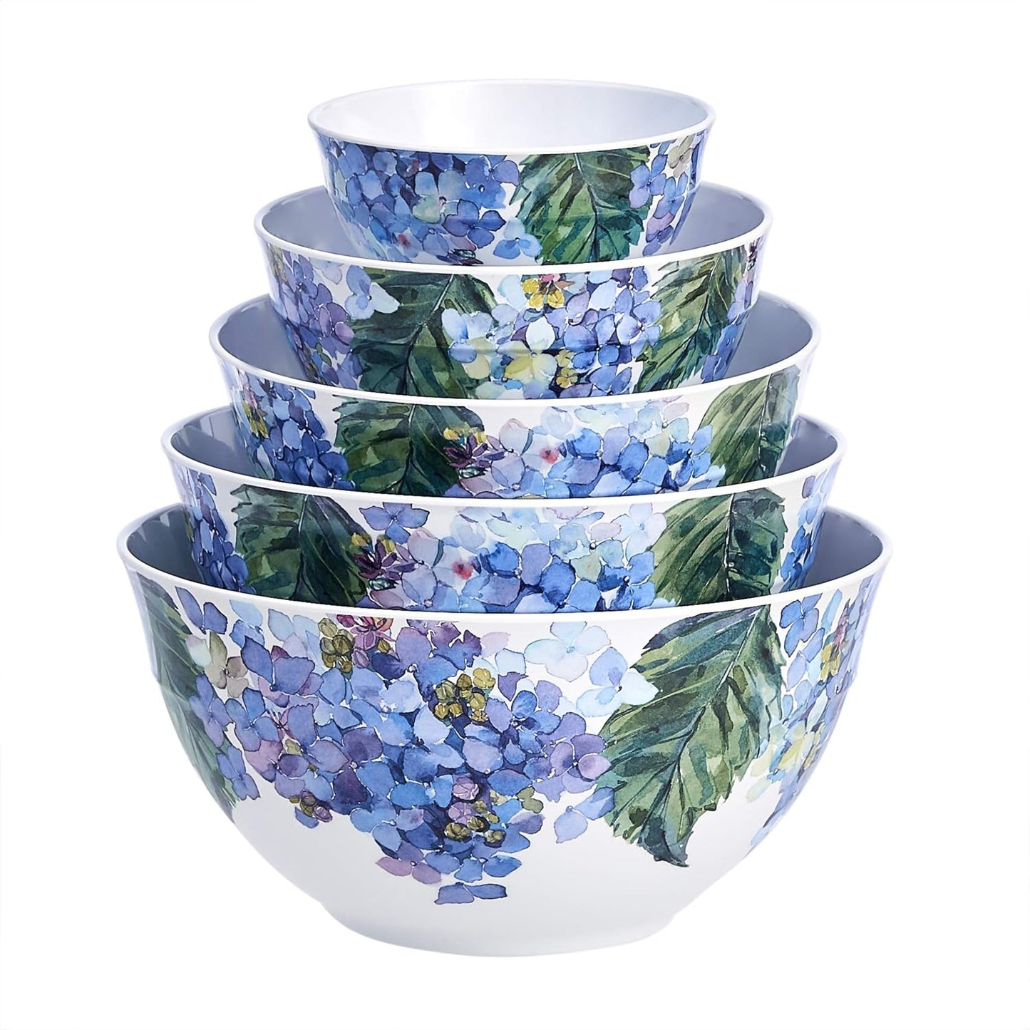 Amazon Basics Mixing Bowls with Lids, Nesting Melamine Serving Bowls, Non-Slip Base, BPA Free, Dishwasher Safe, 5 Sizes, Blue and White Floral, Set of 10