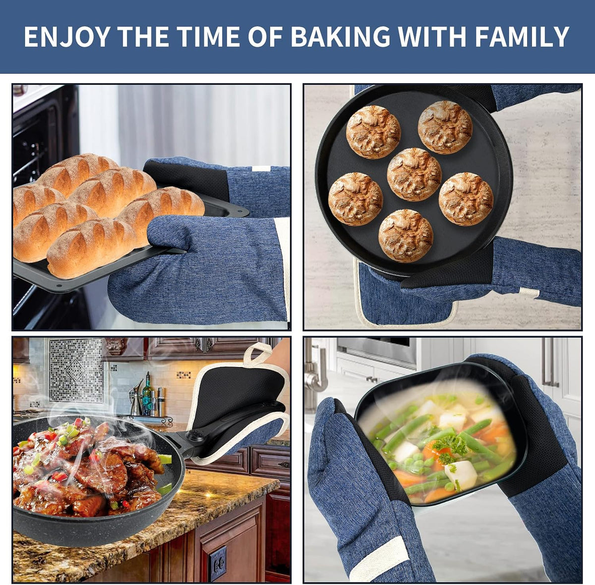 Oven Mitts and PotHolders Sets, 4 Pcs Kitchen Oven Glove High Heat Resistant 400°F Pot Holders for Kitchen, Non-Slip Neoprene Oven Mitts are Suitable for Cooking, Baking (Black)