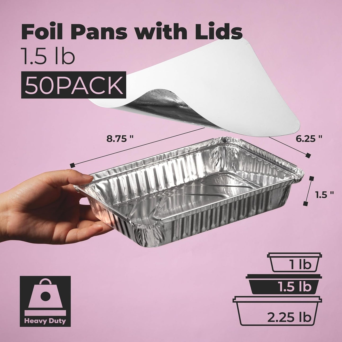 Fit Meal Prep 100 Pack 2.25 lb Aluminum Foil Pans with Lids, Disposable Take Out Food Containers with lids for Freshness and Spill Proof, 8.5 x 6 x 2 Disposable Cookware for Catering, Restaurants