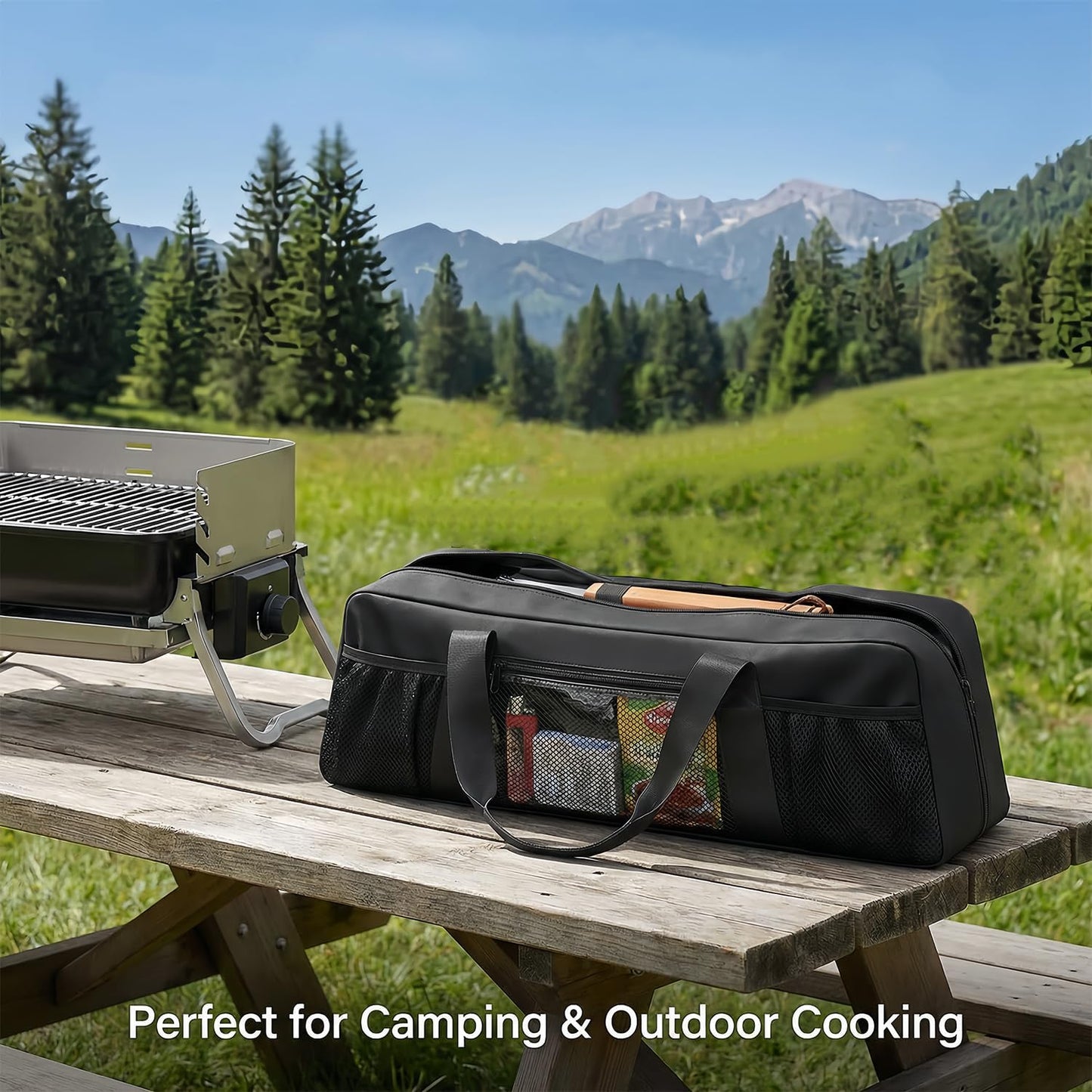 Grill Tool Storage Bag for BBQ Utensils up to 22" – Large BBQ Utensil Organizer with Pockets, Portable Barbecue Accessories Carrying Case for Camping, Outdoor Cooking (Bag Only, Black)