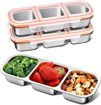 KTKUDY Stainless Steel Snack Container for Kids & Adults - Large - Leak-Proof 3-Compartment Stackable Snack Lunch Box for Daycare, School, Work & Travel