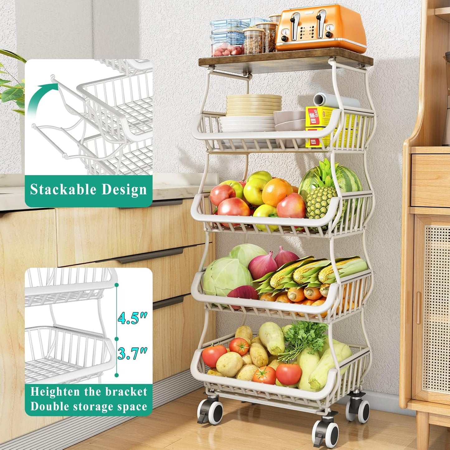 SAYZH Fruit Basket Kitchen Pantry Organizers and Storage - Wooden Top Table, Stackable Metal Wire Basket Stand Cart for Fruit Vegetable Snacks Onion Potato Organization (White, 5 Tiers)