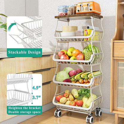 SAYZH Fruit Basket Kitchen Pantry Organizers and Storage - Wooden Top Table, Stackable Metal Wire Basket Stand Cart for Fruit Vegetable Snacks Onion Potato Organization (White, 5 Tiers)