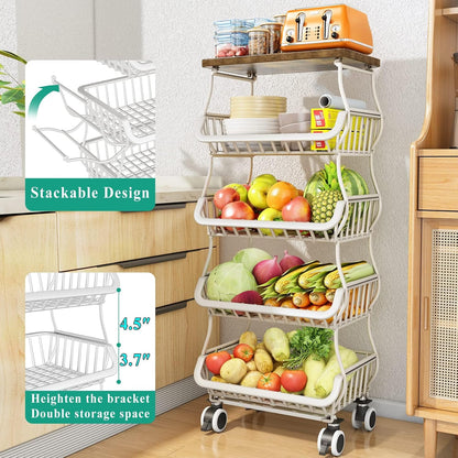 SAYZH Fruit Basket Kitchen Pantry Organizers and Storage - Wooden Top Table, Stackable Metal Wire Basket Stand Cart for Fruit Vegetable Snacks Onion Potato Organization (Black, 5 Tiers)