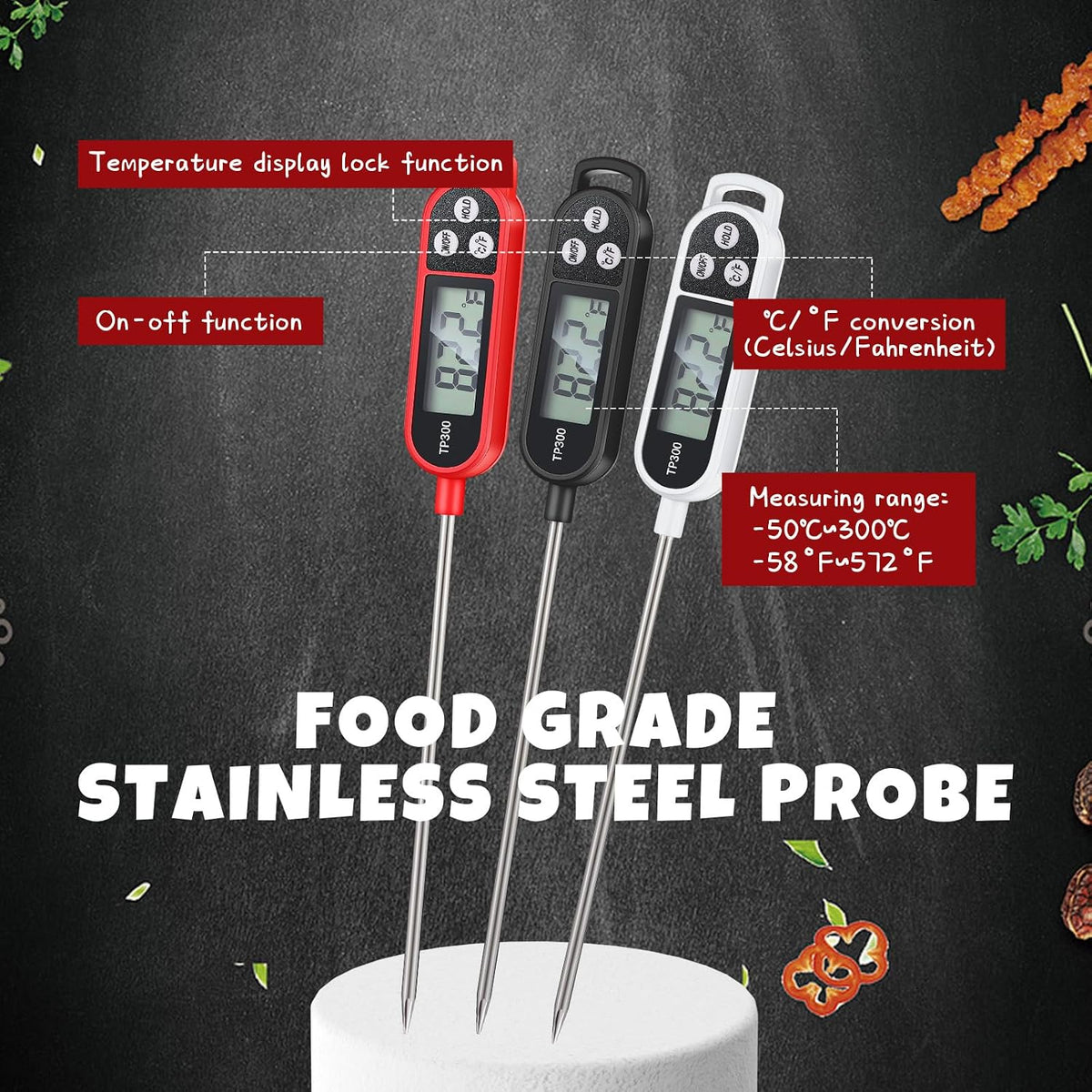 Copkim Instant Read Meat Thermometer Long Probe,Black, White, Red